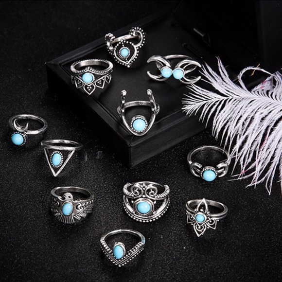 'Warrior' 11-piece Turquoise Boho Silver Ring Set - Picture 2 of 4